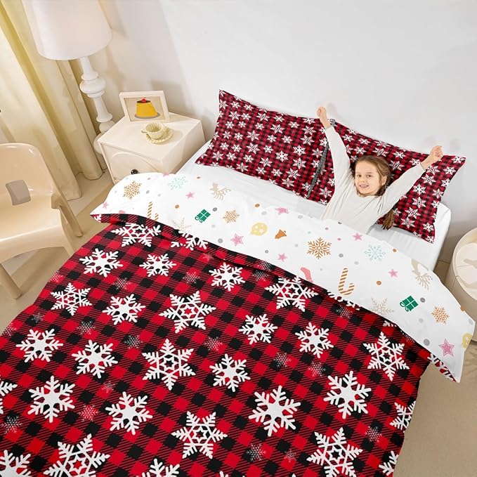 Christmas Kids Bedding Set Snowflake Xmas Theme Bedding Duvet Cover Set for Boys Girls Red Black Buffalo Check Decor Comforter Cover Set New Year Bedspread Cover Bedroom Quilt Cover 3Pcs King Size