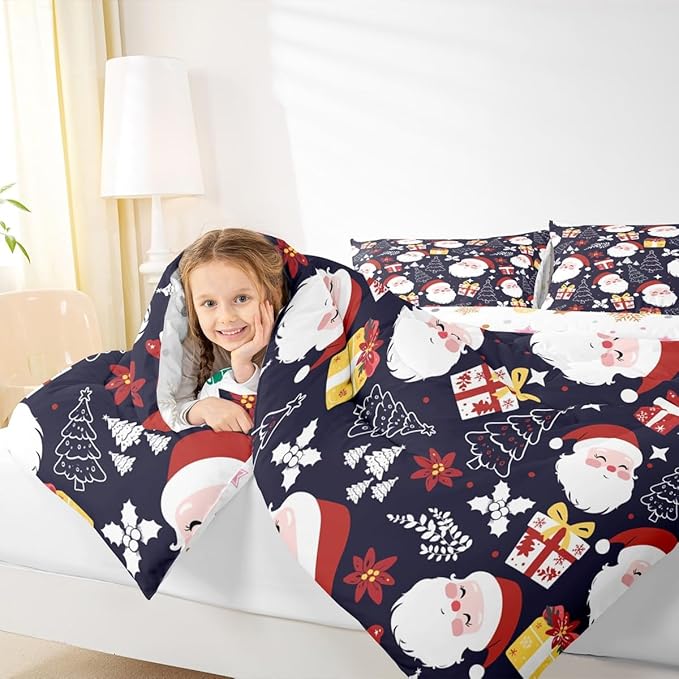 jejeloiu Santa Claus Comforter Set Queen Size Merry Christmas Bedding Set for Kids Boys Girls Xmas Themed Duvet Quilt Dark Blue Bedroom Decor