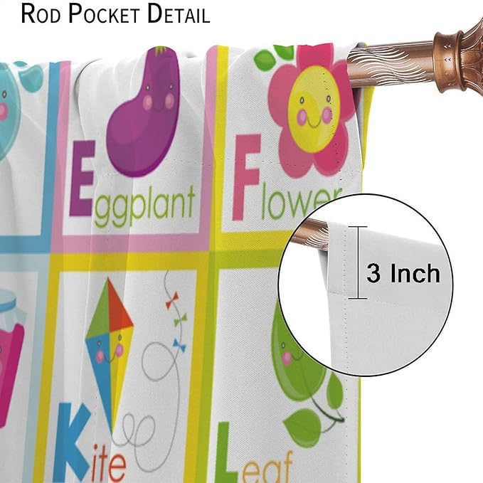 Kids Alphabet Curtains Cute Cartoon Education Learning Funny Teaching Words Curtain with Rod Pocket for Bedroom Nursery Home Decor Drapes Window Treatments 2 Panels Set 52" W X 84" L