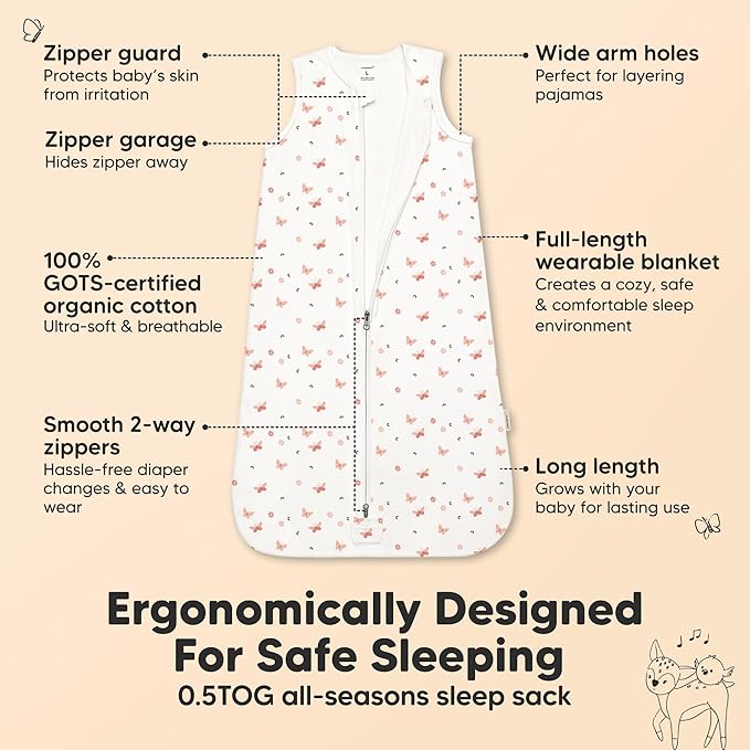 2-Pack Baby Sleep Sacks,Zipper Wearable Blanket - 0.5TOG Organic Cotton,Lightweight,Soft Cozy Toddler Sleeping Sack 12-24 months,Easy to Wear Large Newborn Transition Swaddles Sleepsacks (Butterflies)