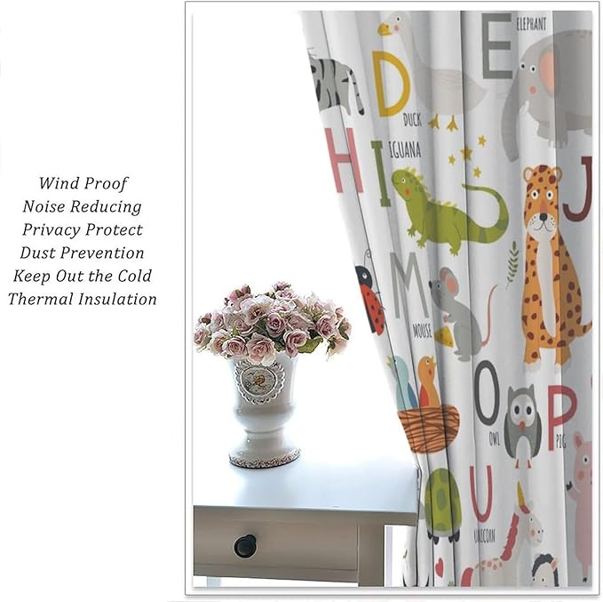 Alphabet Kids Learning Curtains Cartoon Animal Baby Boys Child Educational Curtain with Rod Pocket for Bedroom Nursery Home Decor Drapes Window Treatments 2 Panels Set 42" W X 63" L