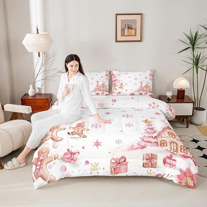 jejeloiu Kids Christmas Theme Comforter Set Toddler Pink Xmas Gingerbread Man Bedding Set for Boys Girls Teens Candy House Snowflake Winter Happy New Year Duvet Quilt Room Decor