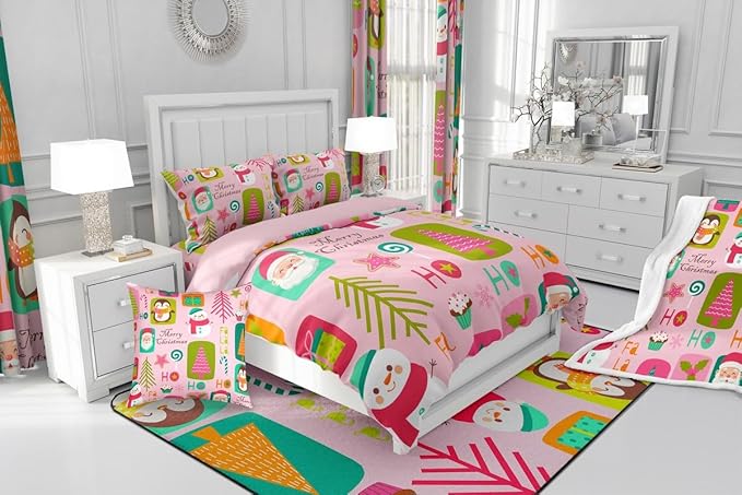 Erosebridal Christmas Kids Comforter Set Toddler Size Cartoon Santa Claus Quilts Boys Girls Room Decor Merry Xmas Penguin Bedding Set Christmas Tree Snowman Down Comforter,Pink