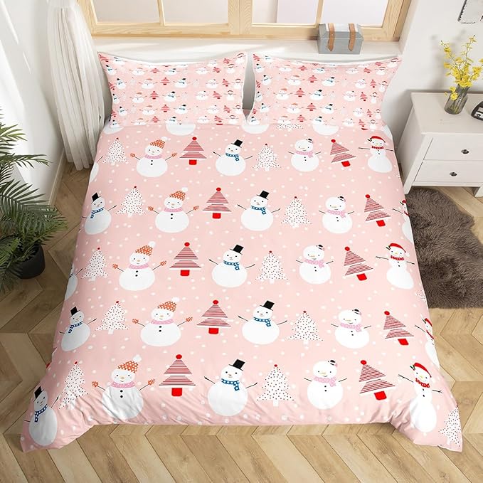 Christmas Duvet Cover Cartoon Snowman Christmas Tree Bedding Set Snowflake Comforter Cover for Boys Girls Children Teens Bedroom Decor Pink Xmas Theme Bedspread Cover Toddler Size With 1 Pillow Case