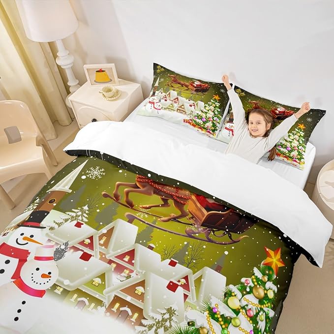 Manfei Christmas Duvet Cover Set Full Size, Xmas Tree Snowman Comforter Cover with 2 Pillowcases, Santa Claus with Deer Bedding Set for Kids Boys Girls New Year Theme Bedspread Cover, No Comforter