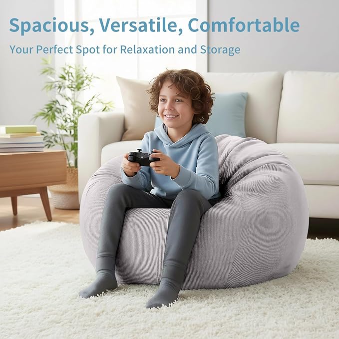 Nobildonna 3 ft Bean Bag Chair Cover (No Filler) 35"×43" Large Stuffed Animal Storage Bean Bag Washable Big Beanbag Chair Cover Premium Corduroy Bean Bag Cover for Adults,Kids,Light Grey 300L