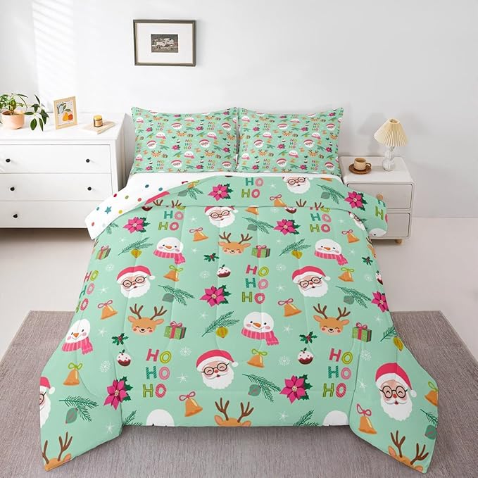 Feelyou Christmas Decor Bedding Set Soft for Boys Girls, Happy New Year Comforter Set Toddler Size Santa Claus Duvet Quilt Microfiber Bedroom Decor 2 Pcs with 1 Pillow Cases