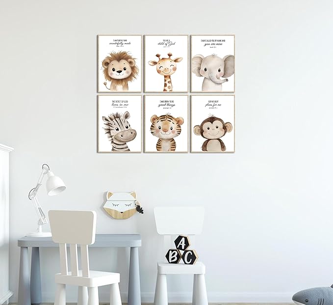 6Pcs Nursery Bible Verse Animal Wall Art Cute Woodland Animals Christian Picture Wall Decor Lions Elephant Giraffe Poster Print Artwork for Classroom BabyBedroom Boys Girls Home Decoration Unframed