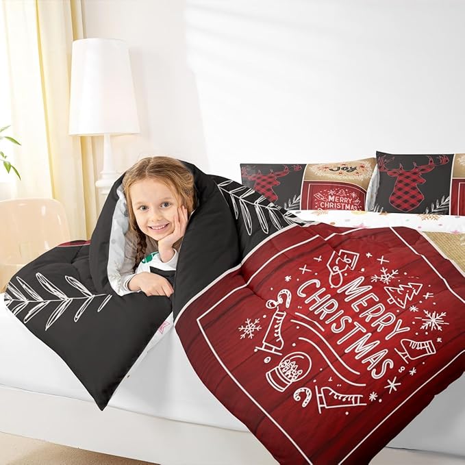 Deer Antler Kids Christmas Comforter Set King Size,Elk Plam Leaves Bedding,Girls Boys Adults Bedroom/Xmas Cabin Decor,Plank Lattice Vintage Down Comforter,Rustic Farmhouse Duvet Insert,2 Pillowcases