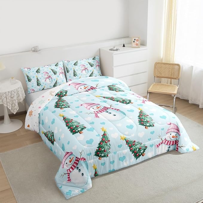 Feelyou Merry Christmas Kids Comforter Set Toddler Size Cute Snowman Bedding Set Christmas Tree Duvet Quilt for Kids Boys Girls Bedroom Love Hearts Decor Microfiber Ultra Soft Breathable