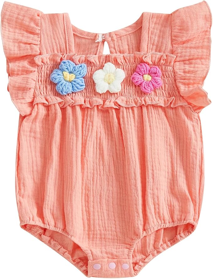 Gaono Newborn Baby Girl Smocked Bubble Romper Cute Boho Summer Clothes Ruffle Sleeveless Crochet Flower Vintage Bodysuit