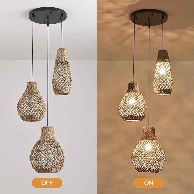 Rattan Pendant Light,3-Lights Hand Woven Chandelier,Boho Ceiling Hanging Light for Kitchen Island Dining Room, Bedroom Restaurant.