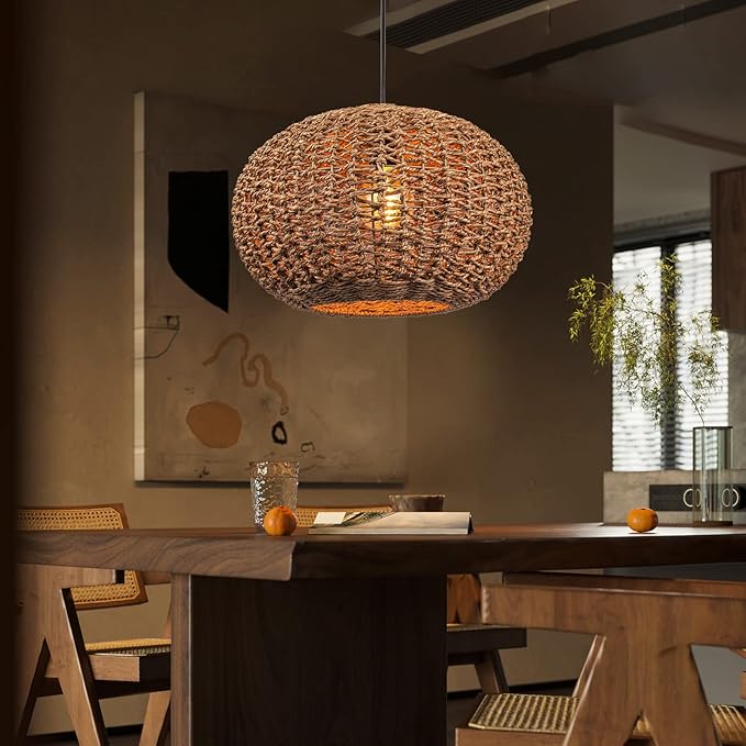 Arturesthome Rattan Chandelier, Handwoven Kitchen Pendant Light,Wicker Lamp Shade Farmhouse Ceiling Lighting Fixtures,Country Weave Hanging Light for Foyer Nursery