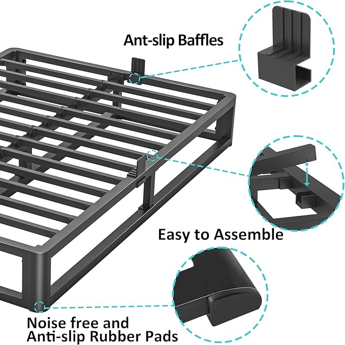 Upgrade Anti Bending and Round Corner Legs 10 inch Metal Queen Bed Frame 3500 LBS Heavy Steel Slats Support Platform Bed Frames No Box Spring Needed Platform Noise Free Easy Assembly