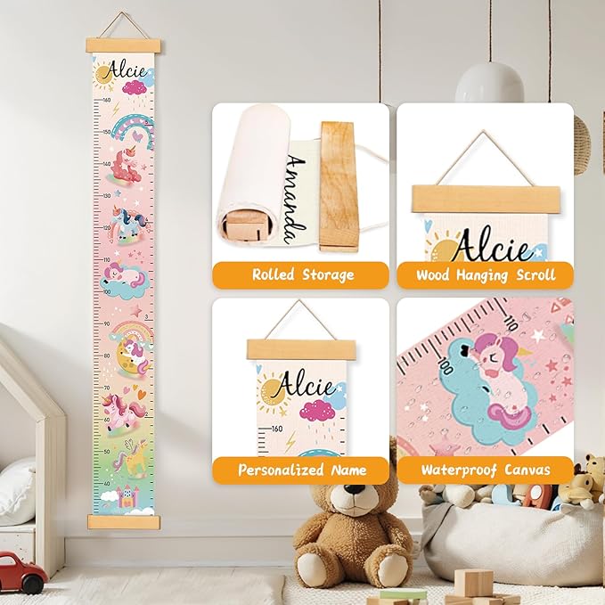 Personalized Name Growth Chart Wall Decor for Kids – Canvas Removable Height Chart Measuring Ruler 59" x 7.9" (Painted Unicorns)