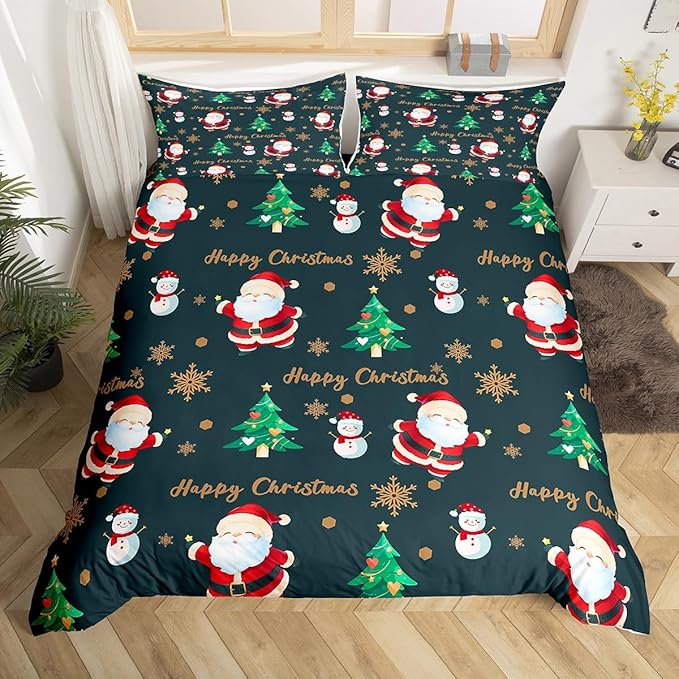 Christmas Duvet Cover Set Queen Size, Santa Claus Xmas Trees Snowman Sonwflake Comforter Cover with 2 Pillowcases, New Year Theme Bedding Set for Kids Boy Girl Lightweight Bedspread Cover,No Comforter