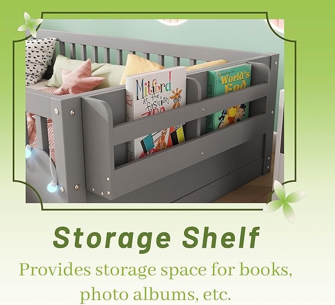 Full Size Floor Bed for Kids, Wood Montessori Floor Bed Full with High Rails & Storage Shelf, Baby Floor Beds with LED Light for Boys & Girls, Gray