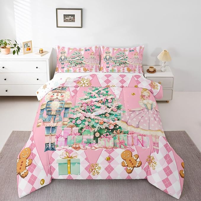 jejeloiu Christmas Nutcracker Comforter Set Queen Size Gingerbread Man Bedding Set for Kids Boys Girls Xmas Tree Duvet Quilt Pink Bedroom Decor