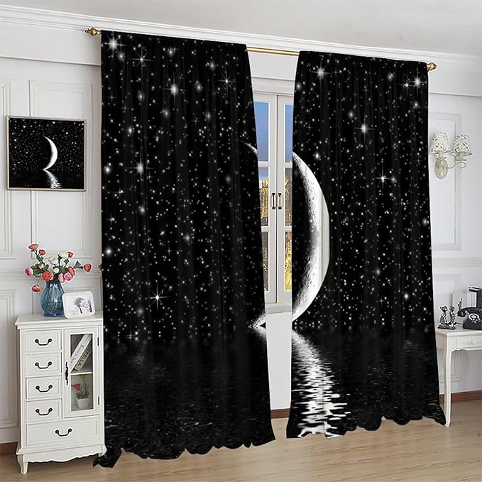 Night Starry Sky Curtain, Black Moon Phase Cloud Stars White New Moon Sparkly Shiny Galaxy Space Lake Fantasy Window Curtains for Kids Boys Girls Room Bedroom Living Room 55" W X 63" L