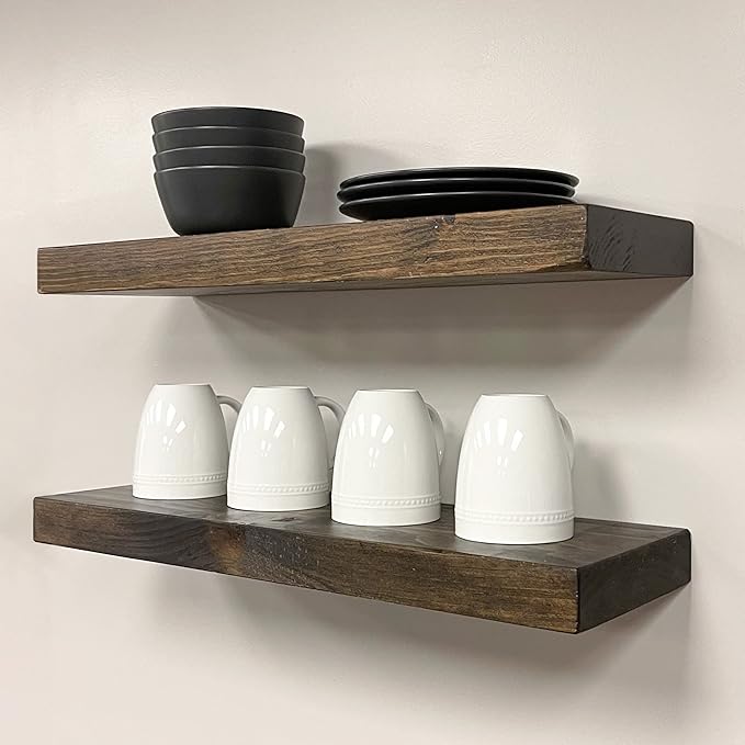 URBANDI, Rustic Floating Shelves, Set of 2, Hidden Bracket, Solid Wood, Heavy Duty, Wall Mounted Shelves, (Dark Brown, 24Wx10D)