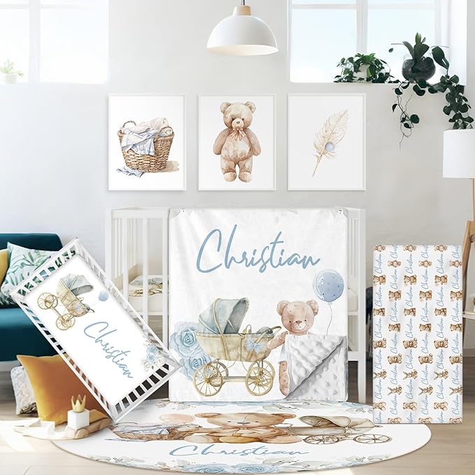 Custom Baby Crib Bedding Set for Boys Girls, 5 Pcs Personalized Blue Bear Baby Crib Sets with Name, Nursery Bedding Set, Double Layer Blanket, Newborn, Infants & Toddlers Customized Gifts