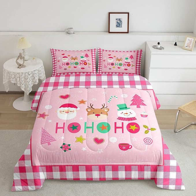 Merry Christmas Kids Comforter Set King Size,Cartoon Santa Claus Snowman Deer Bedding Set,Boys Girls Adults Room Decor,Geometric Grids Fashion Down Comforter,Pink Xmas Duvet Insert,2 Pillowcases