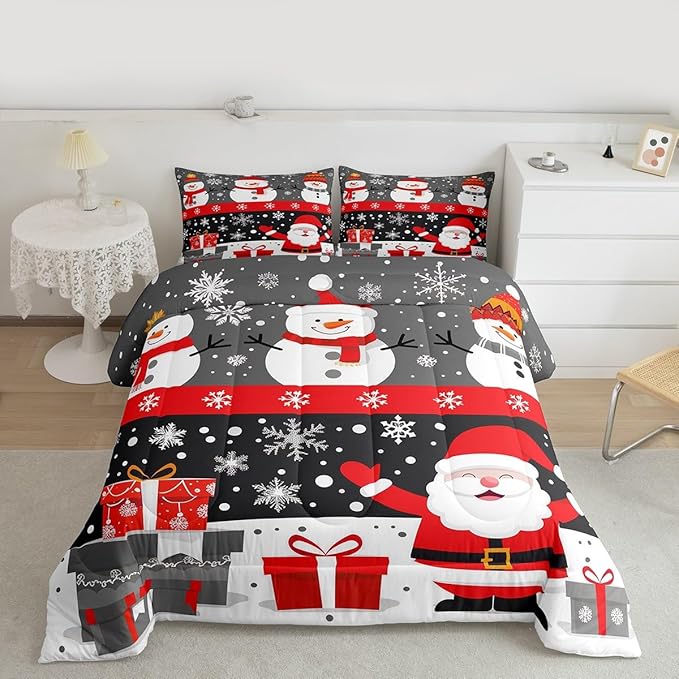 Feelyou Christmas Bedding Set Soft for Boys Girls, Merry Christmas Comforter Set Queen Size New Year Gift Duvet Quilt Microfiber Snowflake Bedroom Decor 3 Pcs with 2 Pillow Cases