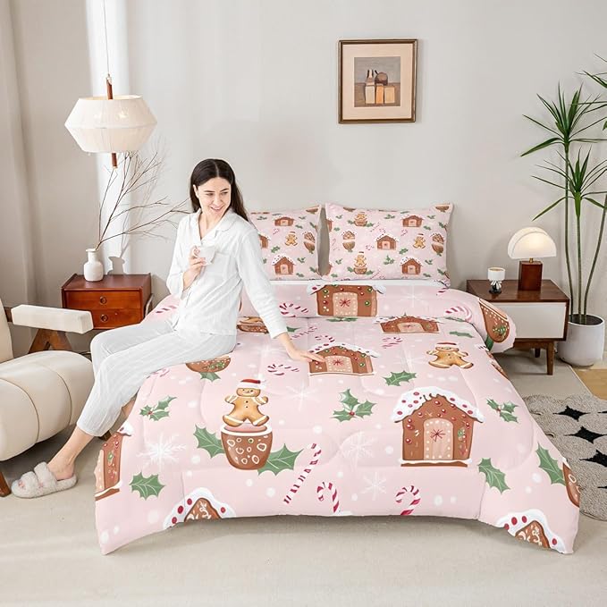 Feelyou Pink Christmas Comforter Set All Season Gingerbread Man Bedding Set with 2 Pillow Cases Christmas Pastry Microfiber Kids Queen Bedclothes Candy Cane Bedroom Decor Duvet Quilt Breathable Soft