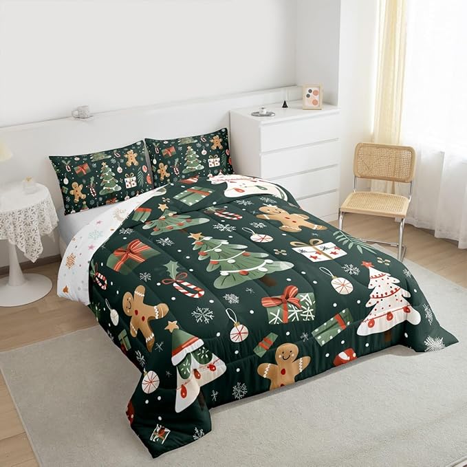 Feelyou Christmas Comforter Set Twin Size Xmas Tree Bedding Set for Kids Boys Girls Gingerbread Man Duvet Quilt New Year Gift Bedroom Decor Microfiber 2 Pcs with 1 Pillow Cases