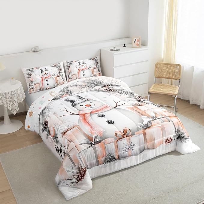 Feelyou Merry Christmas Comforter Set Queen Size Cute Snowman Bedding Set for Kids Boys Girls Duvet Quilt Snowflake Bedroom Decor Microfiber 3 Pcs with 2 Pillow Cases