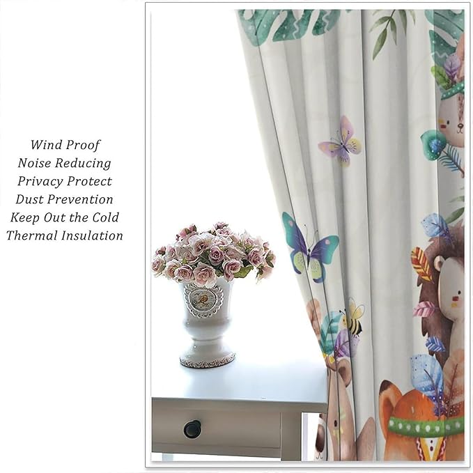 Jungle Safari Curtains, Cute Cartoon Forest Animals Pattern Blackout Window Treatments, Rod Pocket Thermal Insulated Drapes 2 Panel Sets for Children Boys Bedroom Nursery Classroom, 52" W X 84" L