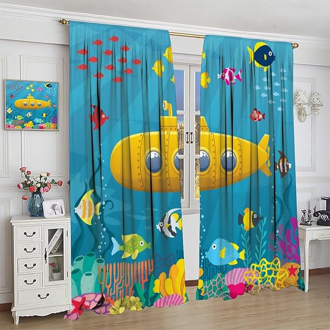 Boy Window Curtains Submarine Window Drapes Yacht Window Treatments Underwater World Oasis Thermal Drapes for Kids Girls Toddler Teens Room Dorm Decor Set 2 Panels,42x45 Inches
