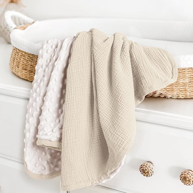 lulumoon Baby Blankets for Newborn Unisex: Thermal Minky Dotted Backing - Muslin Receiving Blanket for Baby Essential & Registry Gift 30"x40"(Ivory)