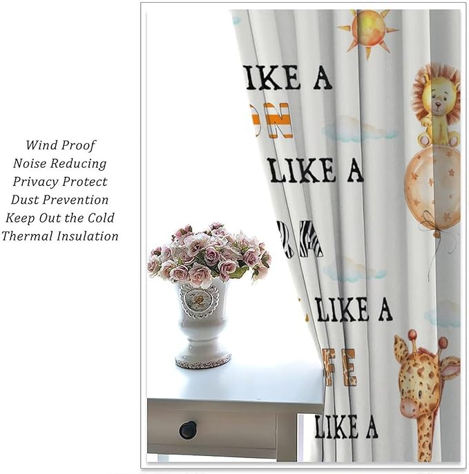 Cartoon Animals Curtains, Cute Jungle Animal Zebra Elephant Lion Giraffe Blackout Window Treatments, Rod Pocket Thermal Insulated Drapes 2 Panel Sets for Kids Bedroom Nursery Classroom, 63"W X 72"L