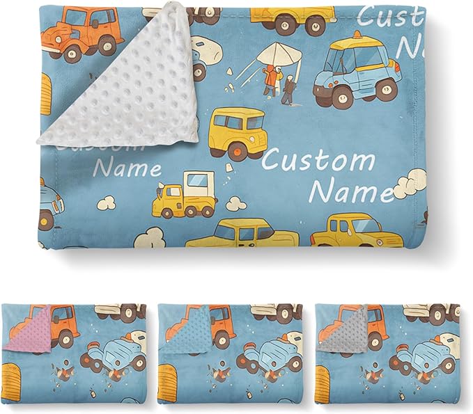 Custom Baby Blanket - Cartoon Cars Design Personalized Name Blanket, Soft Flannel Dot Infant Toddler Blanket for Boys, Customizable Nursery Bedding (30”x40)