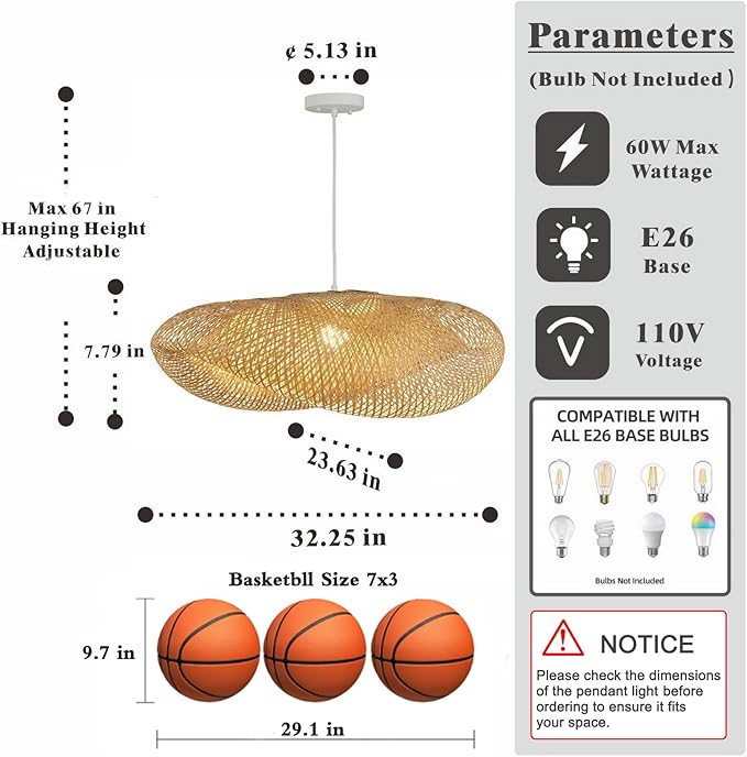 Bamboo Chandelier 32.25 Inch Extra Large Rattan Chandelier, Hand Woven Bamboo Rattan Pendant Lights Wicker Hanging Light Fixture with Adjustable Height for Kitchen Island Living Room Dining Room Bar