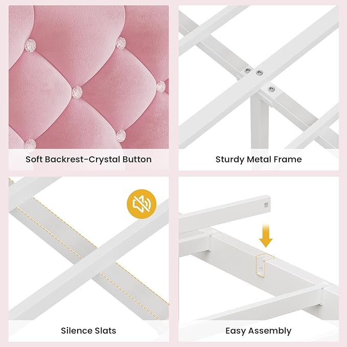BTHFST Full Bed Frame with Storage Headboard & 4 Drawers, Girl Upholstered Storage Bed with LED Lights & Charging Station, No Box Spring Needed, Easy Assembly, Pink