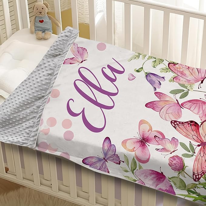 Personalized Baby Blanket for Girls, Custom Name Blanket for Newborn New Mom, Soft Flannel with Double Layer Dotted Backing, Ideal Gifts for Baby Shower Christmas Birthday, Butterfly(30”x40)