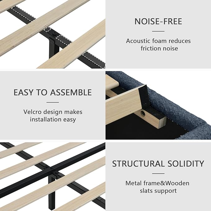 Twin Bed Frames,Breathable Boucle Fabric Upholstered Bed Frame Twin with Headboard,Removable and Washable,Wood Slat Support,No Box Spring Needed,Easy Assembly,Cama Individual,Navy Blue