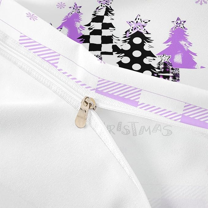Manfei Xmas Trees Duvet Cover Set Queen Size, Purple Plaid Grid Snowflake Bedding Set for Kids Girls Room Decor, Christmas Theme Comforter Cover New Year Quilt Cover with 2 Pillowcases, No Comforter