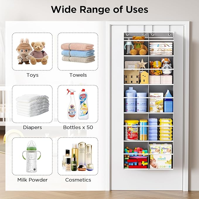 5-Tier Over The Door Organizer with 10 Side Mesh Pockets & Clear Windows, 80 lb Weight Capacity Hanging Storage for Bathroom, Bedroom, Nursery, Kitchen, Organizer Toys (Grey Clear wind 2 Pack)