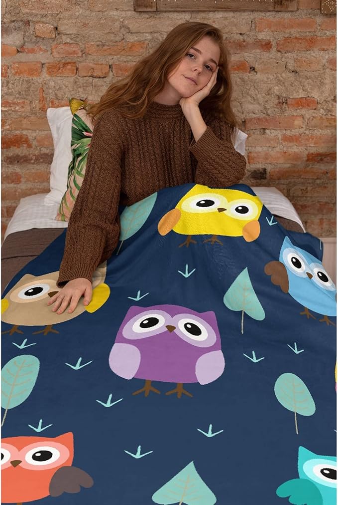 Thuswarm Cute Colorful Owl Flannel Blanket for Autumn Winter Gifts Warm Cozy Soft Funny Print Throw for Bed Couch Sofa 60”×50” Medium for Teen