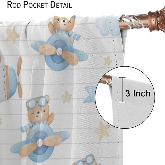 Cartoon Bear Curtains, Lovely Bear Adventure Airplane Blue White Stripe Blackout Window Treatments, Rod Pocket Thermal Insulated Drapes 2 Panel Sets for Kids Bedroom Nursery Classroom, 63"W X 72"L