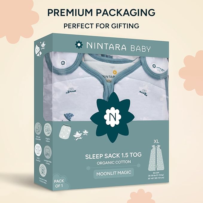 1.5 TOG Sleep Sack - Premium Organic Cotton, Soft, Breathable, Wearable Blanket for Newborns, Infants & Toddlers (18-24 Months), Unisex Baby Sleeping Bag, Gifts for Babies