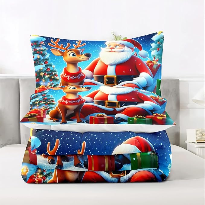 Raphus cucullatus Christmas Bedding King,Christmas Comforter Set,Santa Claus Decor Holiday Bedding Winter Quilt,Santa Claus Comforter Set,Snowflake Navidad Quilt Set,Cute Reindeer Quilt
