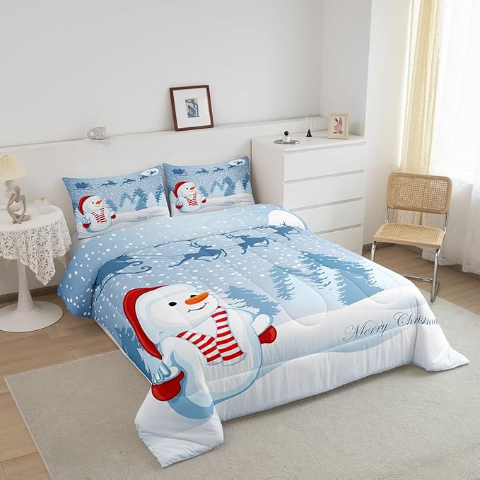 Manfei Snowman Comforter Set King Size, Xmas Deer Trees Print Quilt Set with 2 Pillowcases, Winter Snowflake Merry Christmas Bedding Set 3pcs for Kids Boys Girls Bedroom Decor