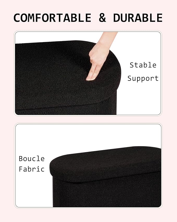 30" Oval Foldable Ottoman with Storage, Teddy Boucle Fabric Footrest, Storage Bench for Living Room, Bedroom, Entryway, Dorm, Black