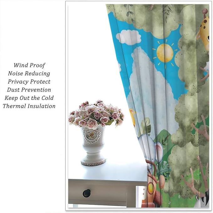 Jungle Animals Curtains, Cartoon Safari Animals Tropical Forest Leaf Blackout Window Treatments, Rod Pocket Thermal Insulated Drapes 2 Panel Sets for Kids Bedroom Nursery Classroom, 55"W X 63"L