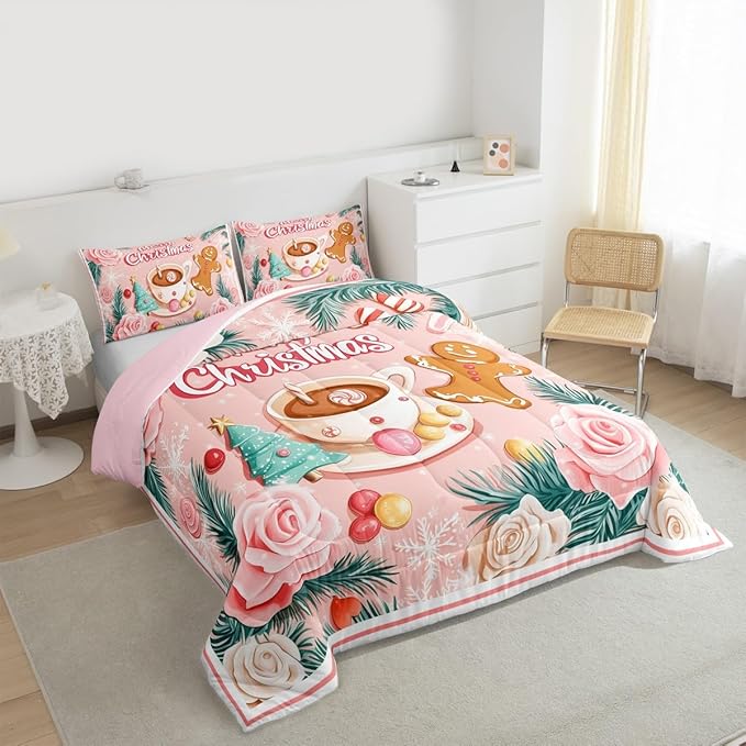 Feelyou Christmas Tree Comforter Set All Season Gingerbread Man Bedding Set with 2 Pillow Cases Merry Christmas Microfiber Kids Queen Bedclothes Xmas Bedroom Decor Duvet Quilt Soft Lightweight