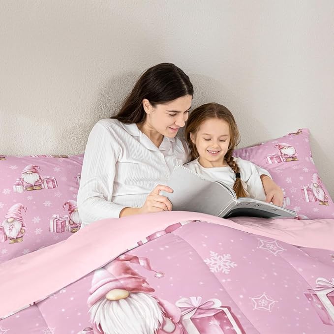 Feelyou Pink Christmas Bedding Set Soft for Boys Girls, Scandinavian Christmas Santa Gnomes Comforter Set Queen Size Xmas Snowflake Duvet Quilt Bedroom Decor 3 Pcs with 2 Pillow Cases